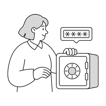 LLinearillustration of a woman holding a safe and a masked password label, representing backup passwords and secure recovery credential storage.