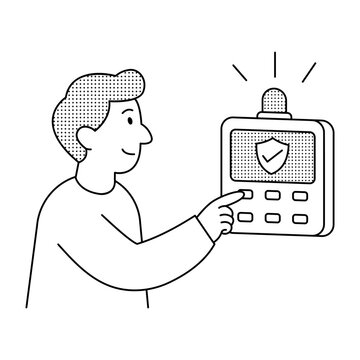 Linear illustration of a person operating a security alarm control panel with a flashing siren, representing alarm systems and active protection.