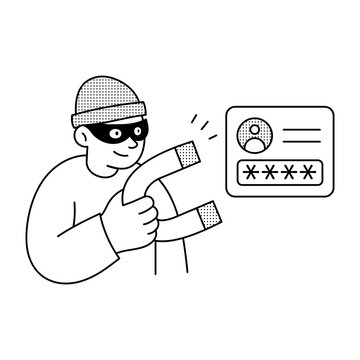 Linear illustration of a masked attacker firing credential data toward a login card, representing credential stuffing and automated login abuse.