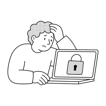 LlLinearllustration of a worried person beside a laptop showing a padlock and hourglass, representing a locked account and temporary access block.
