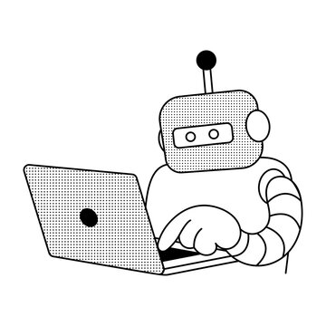 Llinear illustration of a robot typing on a laptop, representing an automated cyber attack carried out by software bots against digital systems.