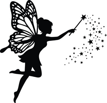 Fairy Silhouette with Magic Wand and Sparkles