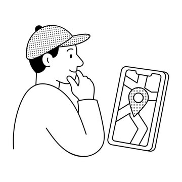 LLinearillustration of a person studying a smartphone map with a location marker, representing a lost device and digital tracking for recovery.