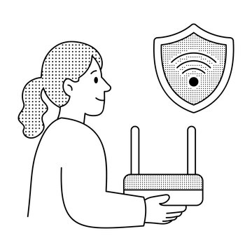 Llinear illustration of a woman holding a router beneath a wireless shield, representing network security and protected wireless connectivity.