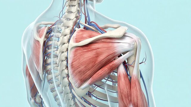 3D Human Shoulder and Upper Back Muscles with Skeleton Anatomy