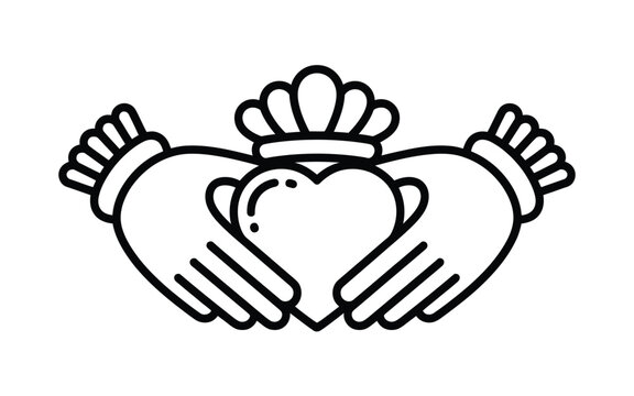 Traditional irish claddagh ring symbol featuring two hands holding a heart with a crown representing love loyalty and friendship vector