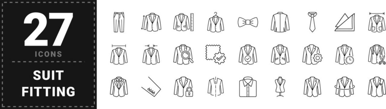 Suit Suit Fit Guide Web Icon Set in Linear Style. Collection of tailoring line icons, including jacket fit, lapel styles, sleeve length, chest measurement, alterations, bespoke.
