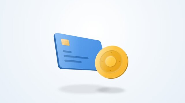 An animated Rendering Shows a Blue Bank Card Floating Near a Shiny Golden Coin.