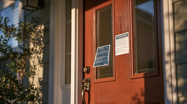 Red wooden front door with notice during golden hour sunlight