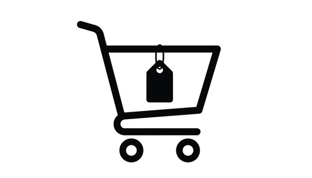 Silhouette icon of a shopping cart with a promotional price tag inside representing discounts, retail sales, and e-commerce.