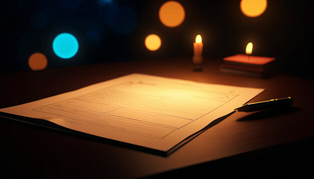 Technical document and pen on dark professional desk