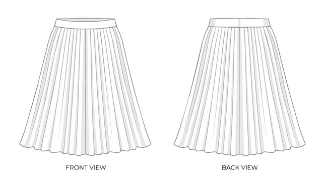 Women Pleated Midi Skirt Technical Flat Sketch Drawing Template Showing Front and Back View for Apparel Design