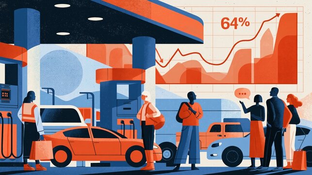 People and cars at a gas station with rising fuel price graph illustrating economic inflation
