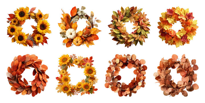 PNG Autumn wreaths with sunflowers and fall leaves on transparent background
