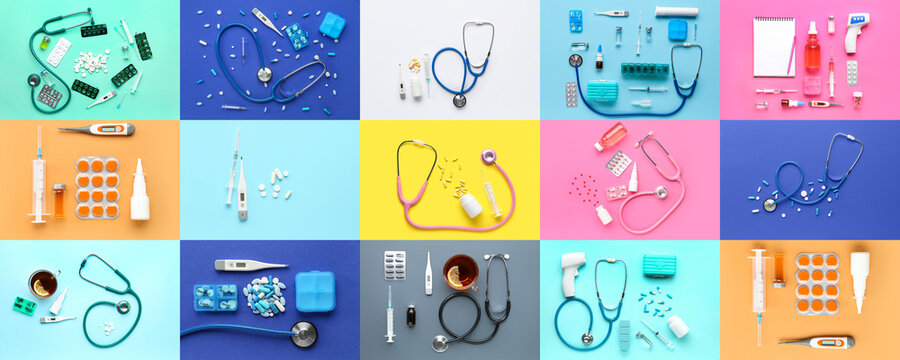 Healthcare and medical supplies collage, diverse medical equipment and pharmaceutical products on colorful backgrounds