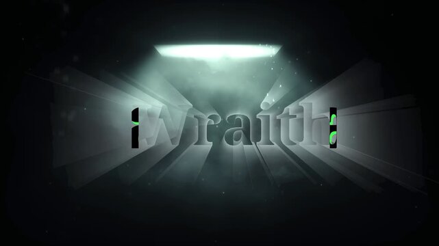 Spooky wraith title with glowing green text and dramatic spotlight in dark atmosphere with smoky background illuminated powerful spotlight