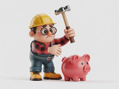 Cartoon Construction Worker Saving Money with Piggy Bank