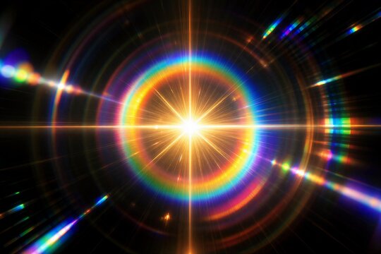 Futuristic Digital Art: Glowing Rainbow Lens Flare with Iridescent Refraction and Starburst Rings.