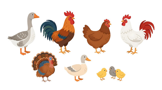 Farm Poultry Ensemble: A delightful collection of farm poultry, including chickens, roosters, a hen, a turkey, a goose, a duck, and fluffy chicks, are presented in a charming illustration.