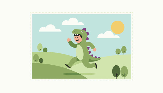 Happy young boy wearing a green dinosaur costume running across a sunny green landscape with clouds and hills.