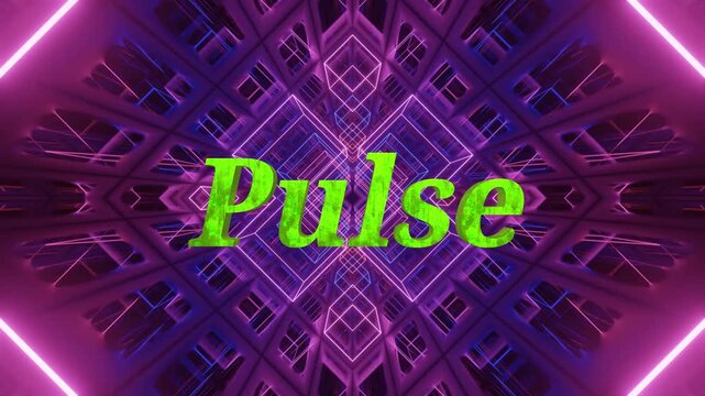 Neon geometric tunnel corridor with pulsing text displaying futuristic motion graphics for electronic dance music visuals