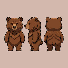 Cute Chibi Brown Bear Mascot Character Bundle – Front, Side and Back Views © SendiART