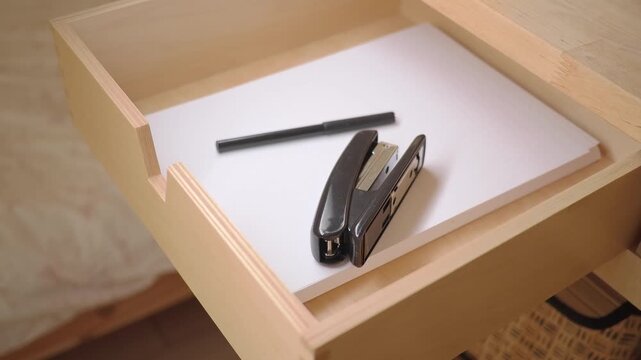 Office drawer with stapler and pen on white paper