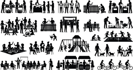 Fototapeta premium Community people silhouettes set including neighbors volunteering gardening outdoor dining group meeting playground activities and family neighborhood concepts