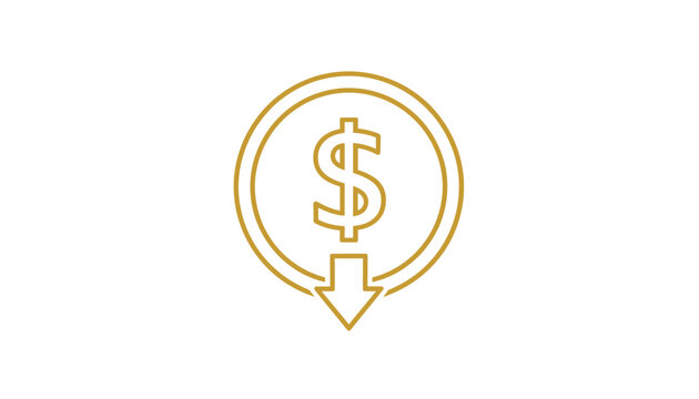 Golden line icon showing a dollar coin with a downward-pointing arrow, indicating a decrease in value or price drop.