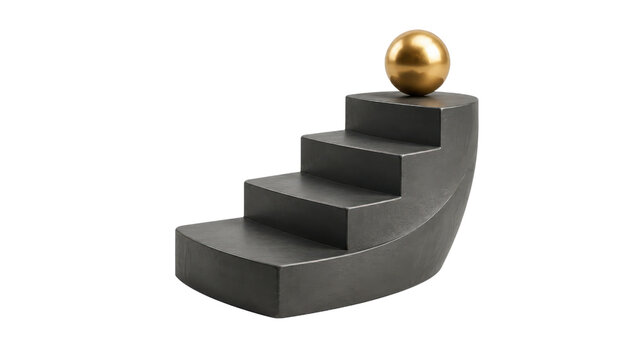 Gold Sphere on Dark Gray Curved Steps Isolated