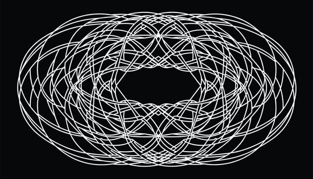 Intricate white wireframe spirograph geometric pattern composed of overlapping curves on a black background.