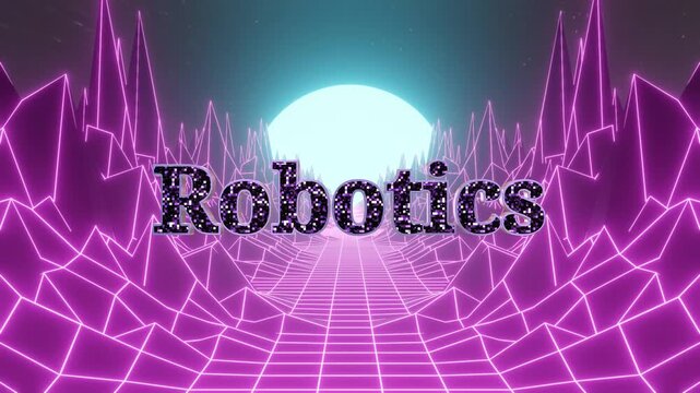 Futuristic retro synthwave landscape with glowing purple wireframe mountains with mountains digital grid, floor under bright