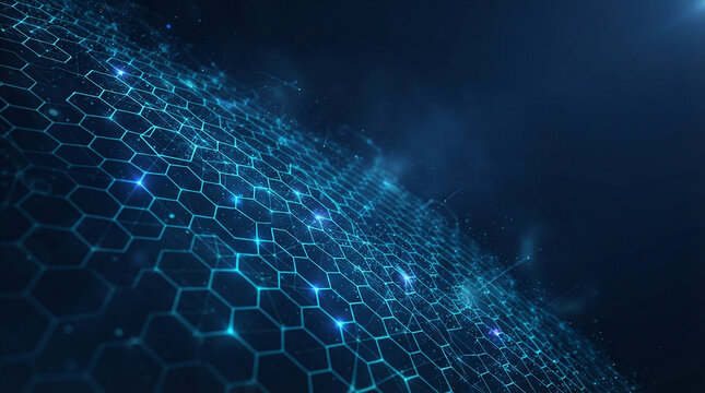 Futuristic Hexagonal Digital Network: Glowing Blue Connections in Dark Space for Tech Innovation