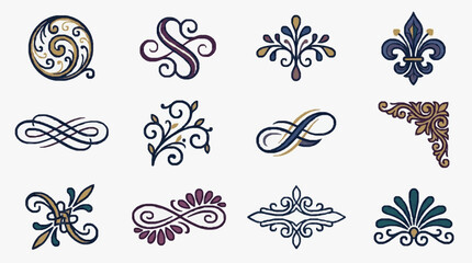 Industrial Vintage Ornamental Designs Collection Elegant Gold and Dark Blue Floral Fleurs de lis and Swirl Motifs Illustrations © benny