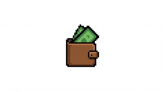 8-bit pixel art of a brown leather wallet with green paper money economy game asset isolated on white.