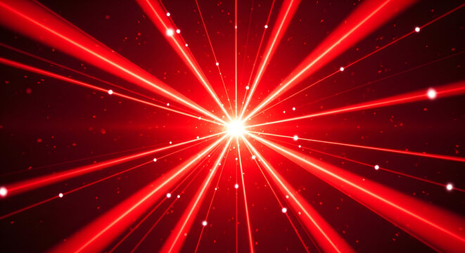 Red Laser Light Burst with Radiant Energy and Dynamic Visual Effects in an Abstract Background Displaying Vibrant Patterns