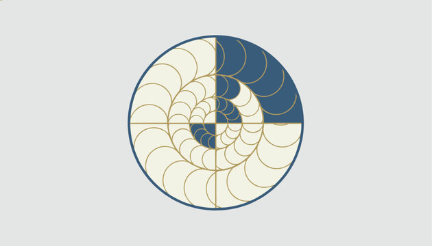 Abstract geometric circular emblem with nested spiral arches in cream and dark blue colors, vector design.