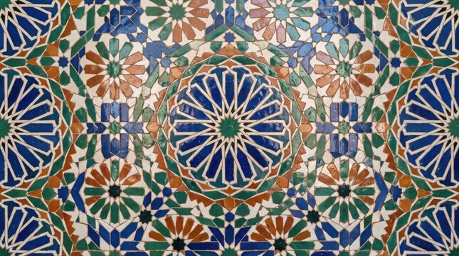 Intricate moroccan zellij tilework featuring repeating geometric star patterns in shades of cobalt blue, emerald green, and terracotta orange on a white background