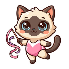 Fototapeta premium Siamese Cat Cartoon Doing Rhythmic Gymnastics with Ribbon for Products