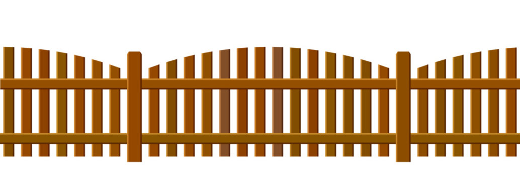Brown wooden picket fence seamless pattern. Dark wood plank scallop barrier for farm, park, backyard, frontward, garden, country field, palisade. Repeating short rustic enclosure border. Vector