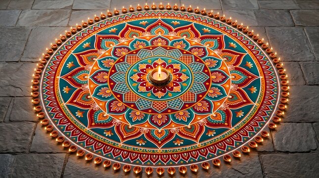 Vibrant and intricate circular rangoli pattern on stone floor surrounded by a ring of glowing traditional clay oil lamps for diwali celebration