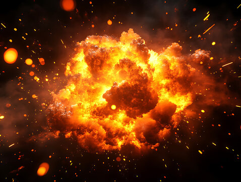Dynamic bomb explosion with explosive particles, shattered debris and glowing embers on black background.
