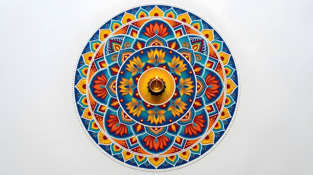 Circular lotus mandala rangoli art with a central lit oil lamp, isolated on white background
