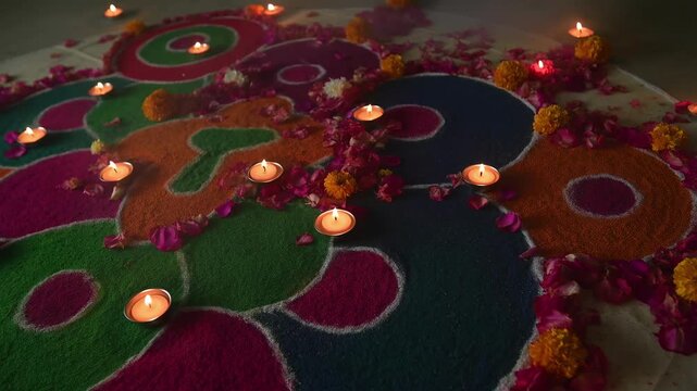 Colorful rangoli design with glowing lamps with rangoli patterns illuminated vibrant flower petals