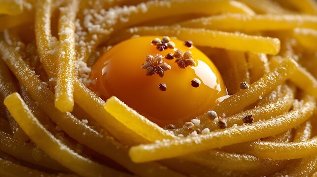 Spaghetti pasta nestles around a raw egg yolk dusted with aromatic spices.