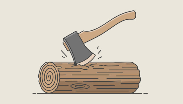 Hand axe splitting a wooden log cartoon illustration on a warm beige background, representing lumberjack work and firewood preparation.