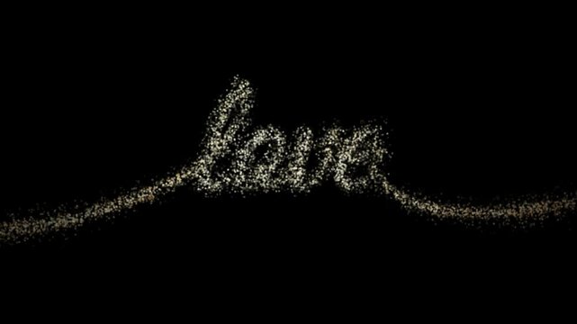 Golden particle text effect forming the word love with floating heart symbols against a dark background with tracing cursive calligraphy