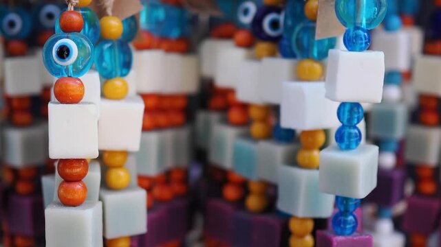 Traditional Turkish Evil Eye Nazar Amulets Hanging in a Row