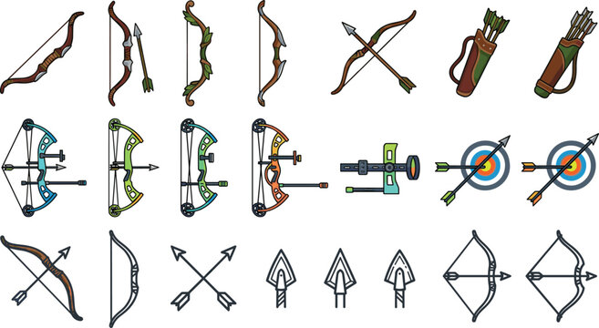Archery Equipment and Bow Icon Set with Traditional Bows, Compound Bows, Arrows, Quivers, Targets, Crossbows, Arrowheads, and Shooting Accessories