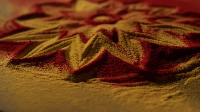 Close up crafting of vibrant traditional colored powder patterns on smooth surface with symmetrical